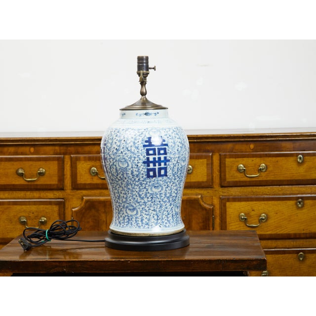 1920s Chinese Blue and White Double Happiness Temple Jar Mounted as a Table Lamp For Sale In Atlanta - Image 6 of 11
