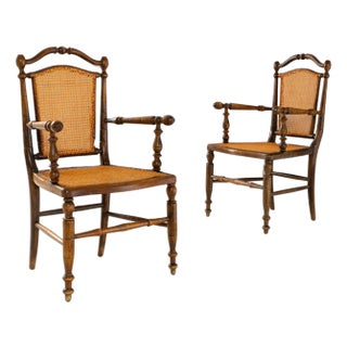 1900s French Louis XIII Wooden Armchairs With Cane Seats & Backs - A Pair For Sale