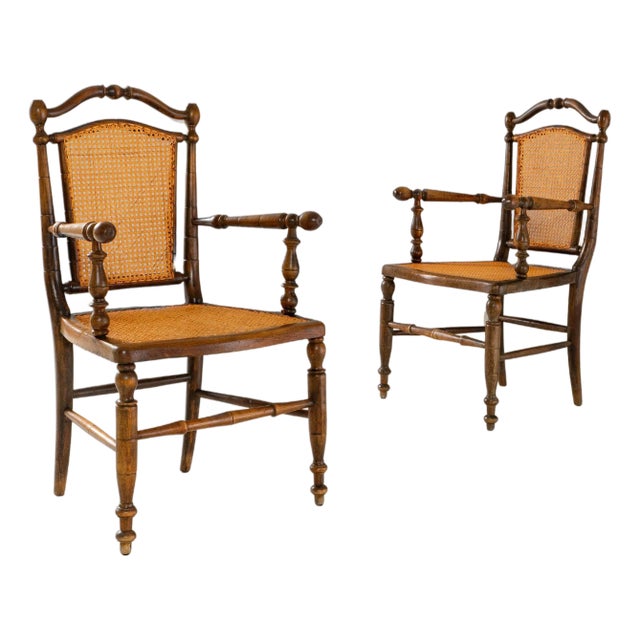 1900s French Louis XIII Wooden Armchairs With Cane Seats & Backs - A Pair For Sale
