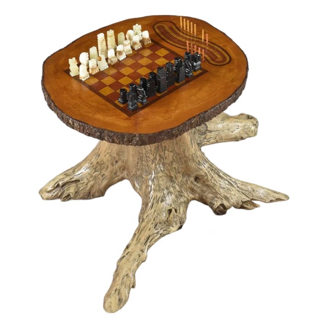 Hand Made Chess and Cribbage Live Edge Game Table on Tree Stump With Pieces For Sale
