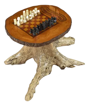 Hand Made Chess and Cribbage Live Edge Game Table on Tree Stump With Pieces