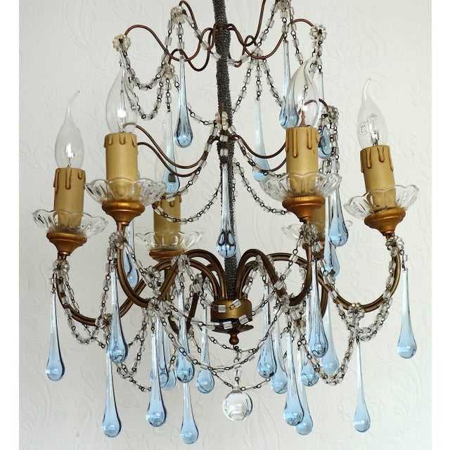 1930s Antique Gilded Metal Murano Glass Drop Six-Light Chandelier, 1930s For Sale - Image 5 of 14