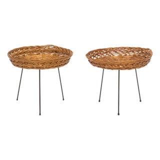 Pair of Vintage Mid Century Tripod Rattan Side Tables For Sale