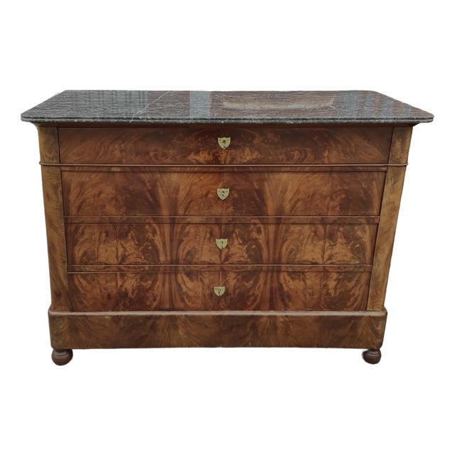 19th Century Louis-Philippe Flame Mahogany Commode W/ Marble Top For Sale