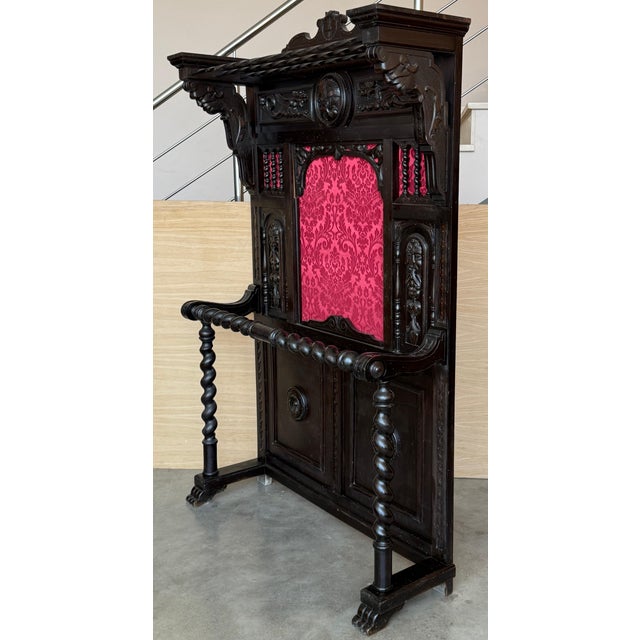 19th Large Carved Spanish Solid Walnut Coat Rack Stand with Red Damask Back For Sale - Image 17 of 18