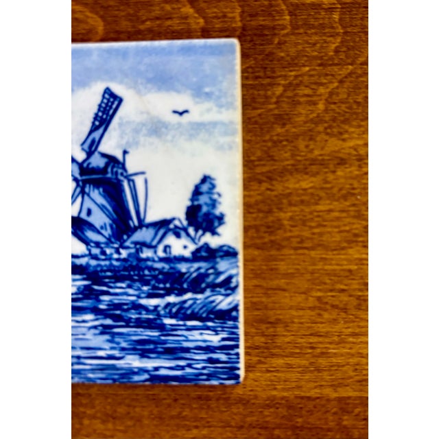 Mid 20th Century Vintage Hand Painted Delft Style Ceramic Tile With Dutch Windmill Landscape For Sale - Image 5 of 8