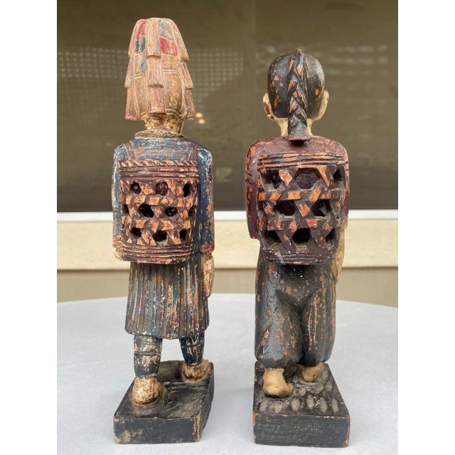 Chocolate Vintage Asian Carved & Painted Wood Man and Woman Figures - Set of 2 For Sale - Image 8 of 10