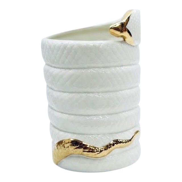 1960s Contemporary White Glazed Porcelain Serpent Vase With Liquid Gold Luster Accents For Sale