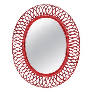 Vintage Italian Oval Mirror in Rattan by Franco Albini, 1960s For Sale