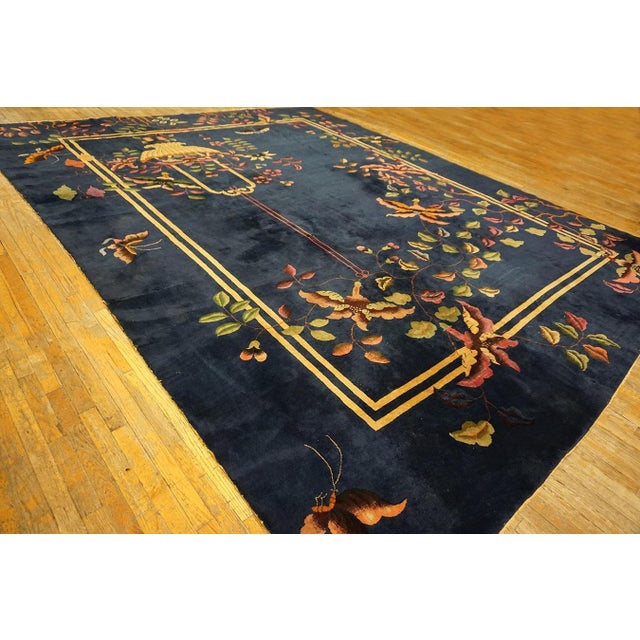 Art Deco Beautiful Botanical Pattern With Navy Background Color Antique Chinese Art Deco Rug For Sale - Image 3 of 12