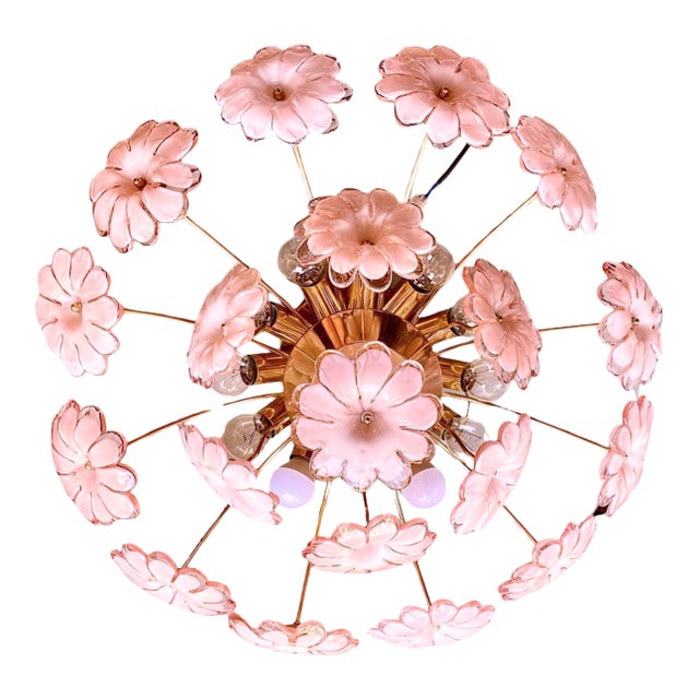 1960s Murano Glass Flush Mount Ceiling Light With Pink Flowers For Sale