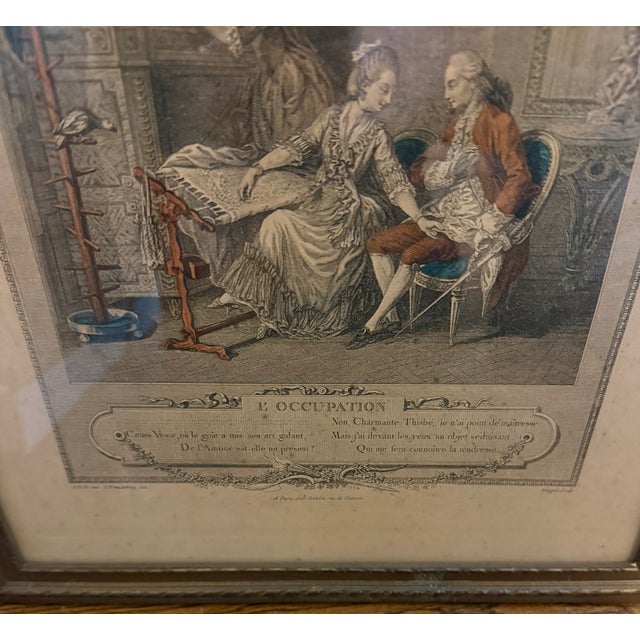 Pair of Antique French Hand-Colored Engravings – “L’Occupation” & “La Promenade Du Matin” – Monument Du Costume – Gilt Ribbon Frames For Sale - Image 4 of 5