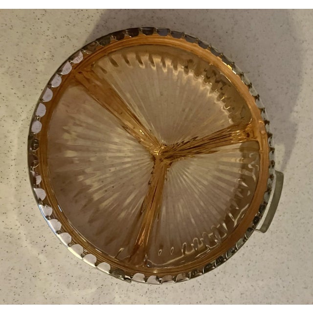 1930s Vintage Pink Depression Glass Divided Tray With Metal Handle for Hors D'oeuvres, Relish Dish or as a Candy Dish For Sale - Image 10 of 12