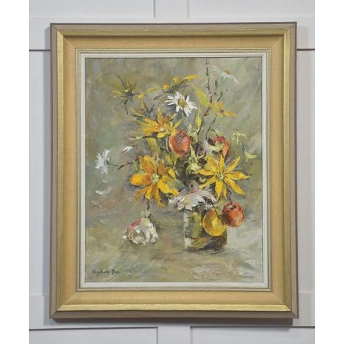 Glass Still Life with Yellow Flowers and Fruit, 1960s, Oil on Canvas, Framed For Sale - Image 7 of 7