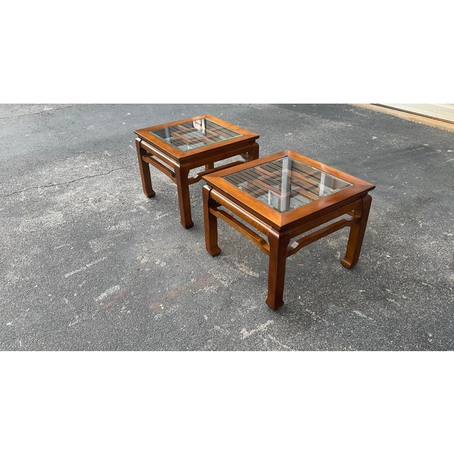 Pair of Mid 20th century Chinese Chippendale Elegance – Vintage Hardwood & Beveled Glass End Tables For Sale In Columbia, SC - Image 6 of 12