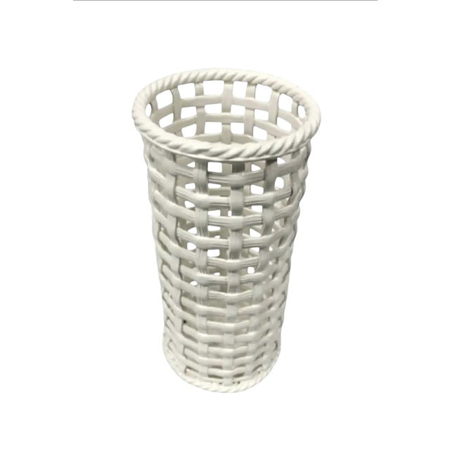 Hollywood Regency 1960s Hollywood Regency Ceramic Basketweave Umbrella / Cane Stand For Sale - Image 3 of 5