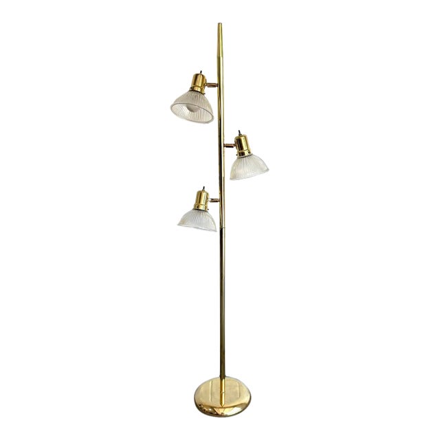 1970s Brass Glass-Dome 3 Light Floor Lamp For Sale