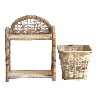 Mid-20th Century Wicker Wall Shelf & Matching Wastebasket For Sale
