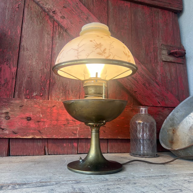 Vintage Brass Electric Lamp With Floral Glass Shade For Sale In Kansas City - Image 6 of 14