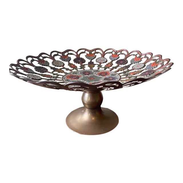 Penco Vintage Hand Painted Floral Brass Pedestal Open Decorative Bowl For Sale