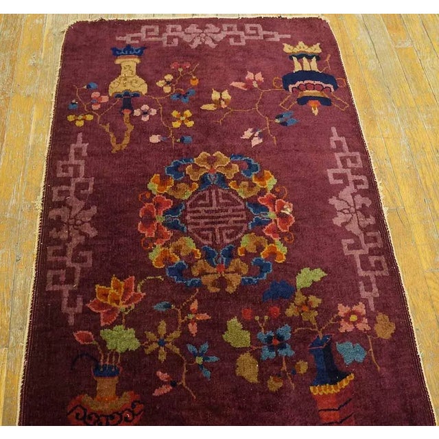 Lofty Purple Ground Color With Bits of Chinese Ornament Floral Design Antique Art Deco Rug For Sale - Image 9 of 9