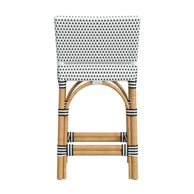 Serienna 24.5 in. Seat Height Rectangular Rattan Low Back Counter Stool, White/Black Dot/ Natural Rattan Frame For Sale In Chicago - Image 6 of 8