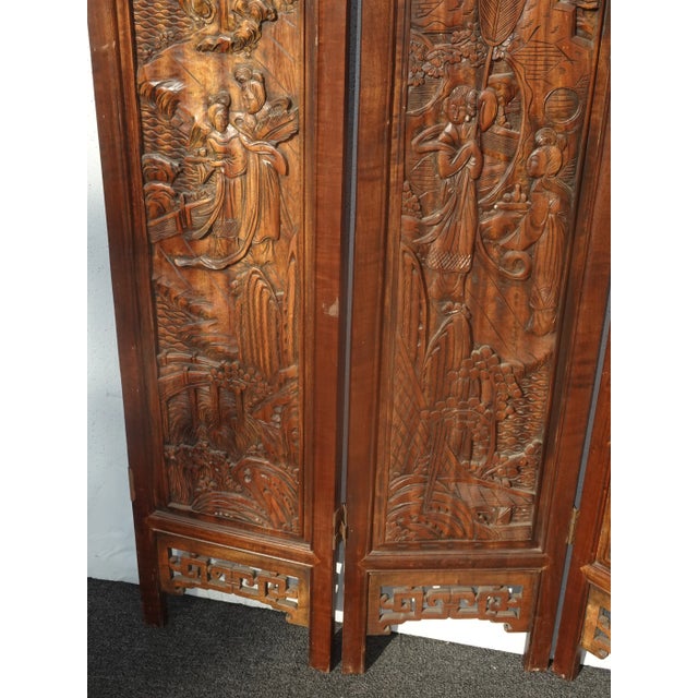Vintage Oriental Asian Brown Hand Carved Wood Four Panel Screen ~ Room Divider For Sale In Los Angeles - Image 6 of 17