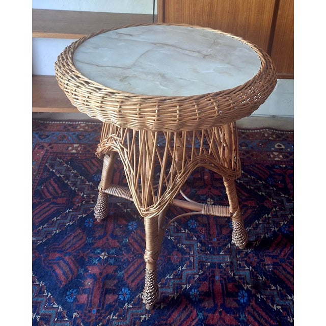 Brown Circular Bamboo and Faux Marble Coffee Table, 1960s For Sale - Image 8 of 8