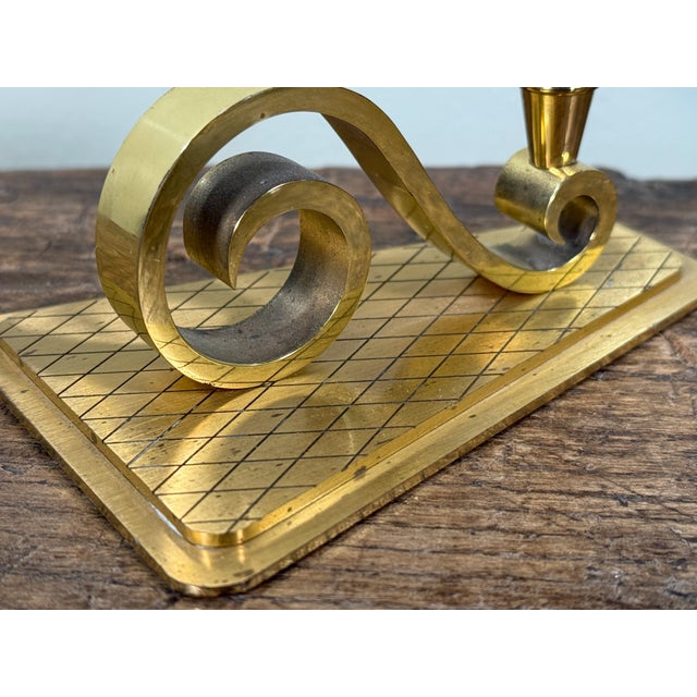 1950s Mid Century Modern Swiss Brass Candlesticks Pair With Sculptural Scroll Bases For Sale - Image 5 of 8