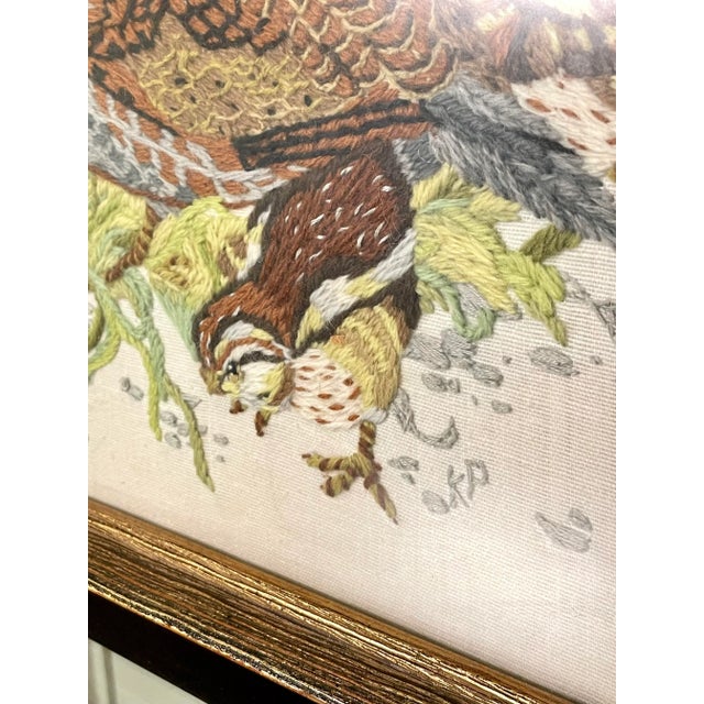 Wood Vintage Pheasant Framed Textile Art, a Pair in Chartreuse, Gray, & Off-White For Sale - Image 7 of 12