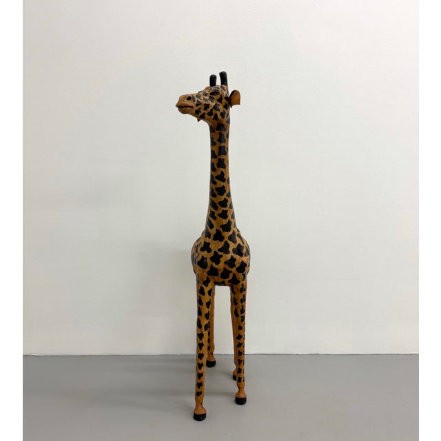 Animal Skin Vintage Hand Painted Folk Art Giraffe Sculpture With Leather Ears For Sale - Image 7 of 7