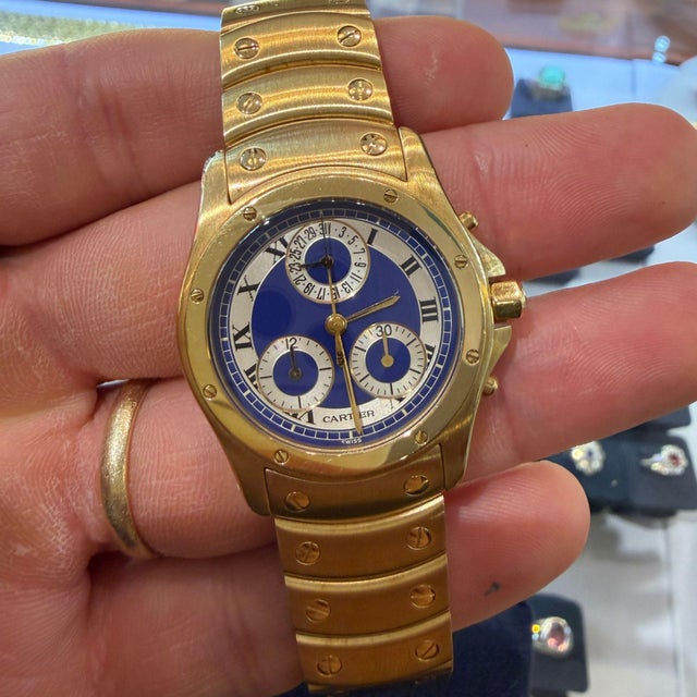 Vintage Cartier Ronde Blue Chronograph 18k Gold 30mm Watch For Sale - Image 9 of 11