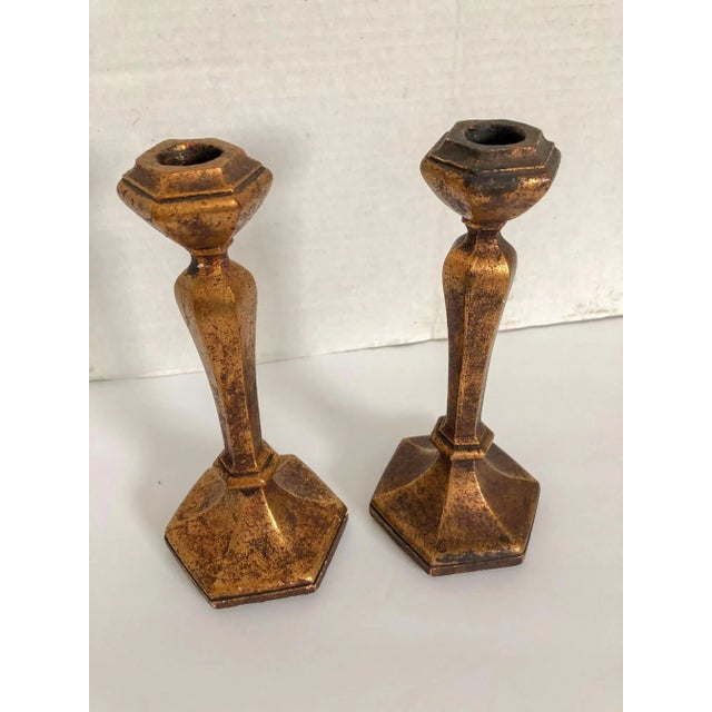 Pair of antique circa 1920s octagonal base plaster gold leaf gilt candlestick candle holders in the Italian Florentine...
