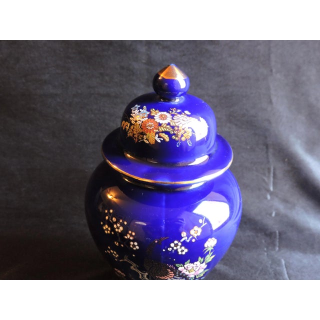 1970s Circa 1970's Kutani Ware Cobalt Blue Peacock Ginger Jar Hand Painted Made in Japan For Sale - Image 5 of 8