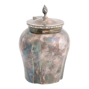 Petite English Electroplated Nickel on Silver Lidded Container with Flame Finial