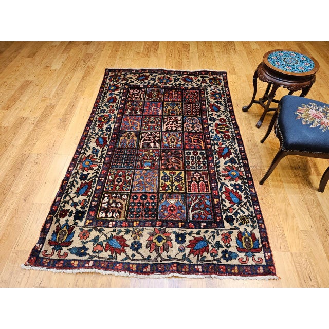 1900 - 1909 Vintage Persian Bakhtiari Rug, Hand-Knotted Wool, Allover Garden Panel Pattern, Pale Yellow & Red,5x7 For Sale - Image 5 of 16