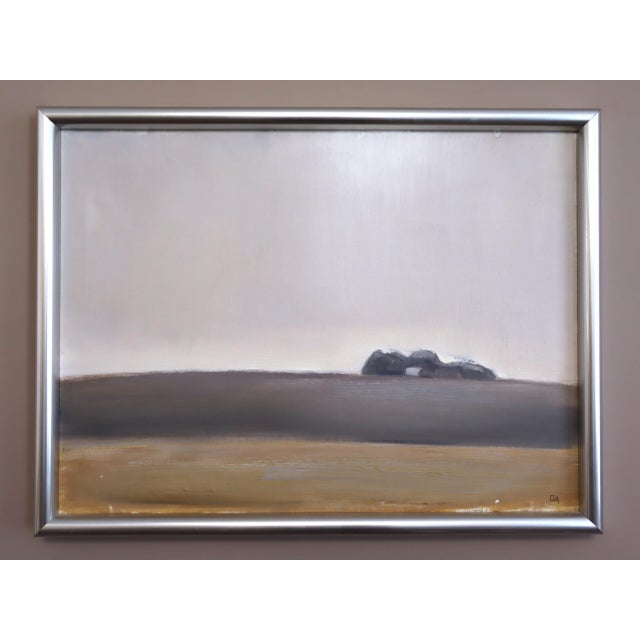DISTANT TREES Size: 20.9 x 27.2 inches (including frame) Oil on canvas A beautifully restrained mid-century abstract...