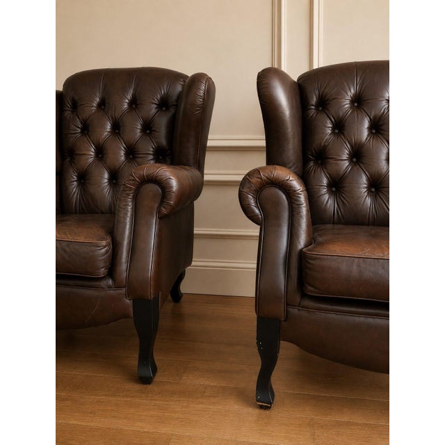 English Pair of Mid-Century European Chesterfield-Style Tufted Leather Lounge Chairs, Circa 1960 For Sale - Image 3 of 7