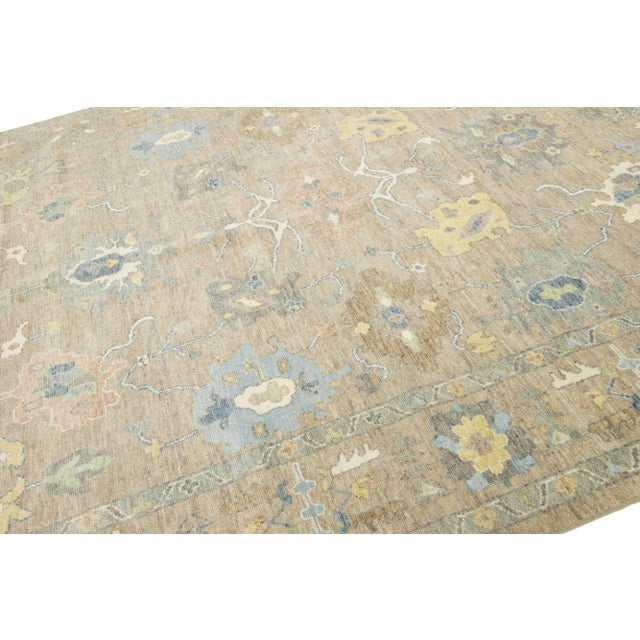 2010s Room Sized Contemporary Floral Oushak Style Wool Rug in Beige For Sale - Image 5 of 10