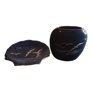 1970s Otagiri Japan Cobalt Blue Ceramic the Sea Trinket Holder & Bud Vase Set- 2 Pieces