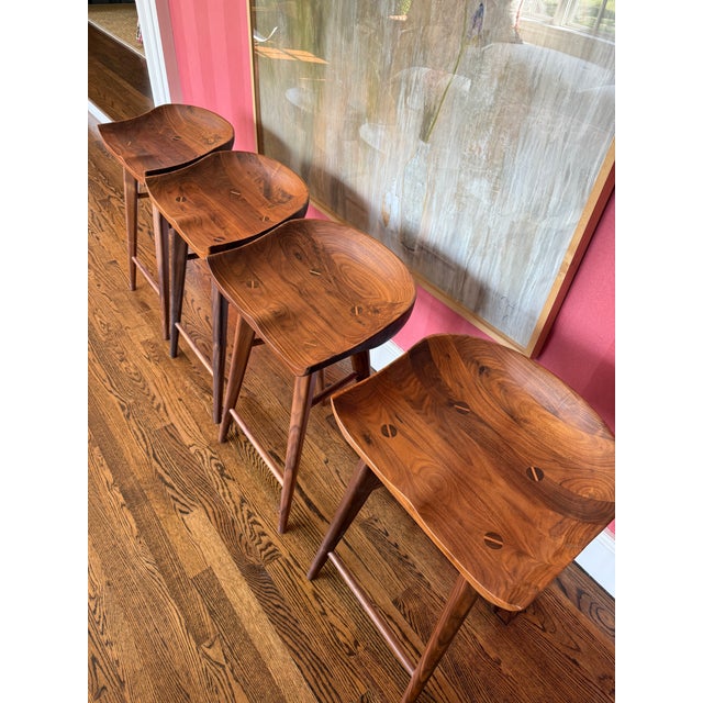 Set of 4 High End Solid Walnut Tractor Counter Stools For Sale - Image 9 of 10