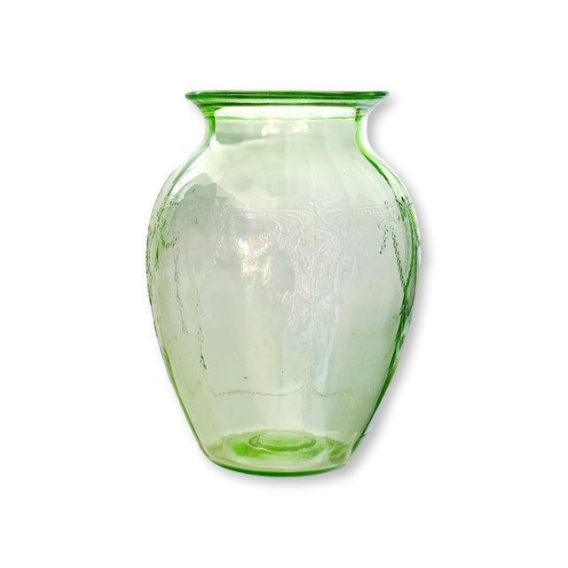 Art Deco Cameo Green Depression Uranium Glass Vase For Sale - Image 3 of 4