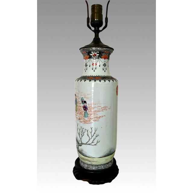 The Heavenly Musicians, Antique Chinese Republic Period Famille Rose Porcelain Table Lamp For Sale In Tampa - Image 6 of 13