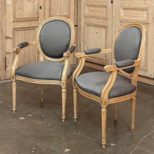Pair Antique French Louis XVI Armchairs ~ Fauteuils feature a timeless design with a contemporary finish. The solid maple...