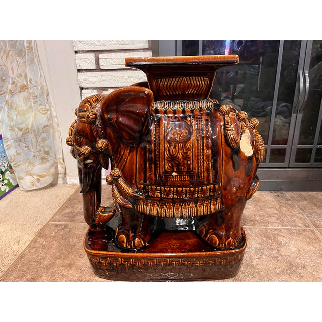 Vintage Brown Glazed Ceramic Elephant Garden Stool or Side Table (Single) For Sale - Image 12 of 12