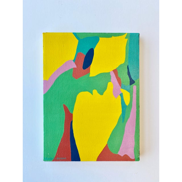 1980s postmodern abstract painting on canvas in a palette of green, yellow, pink, and red. Painted on Nantucket Island, MA...