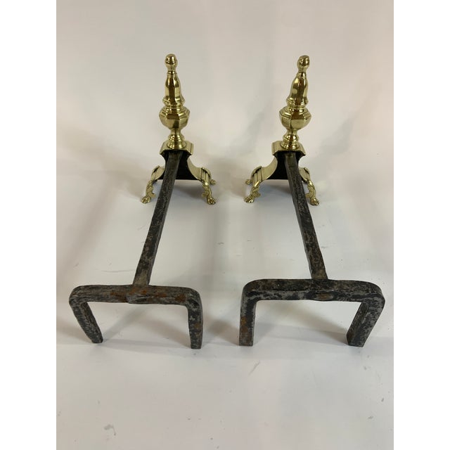 English Classic Brass Vintage English Andirons With Claw Feet, Finial Shaped For Sale - Image 3 of 5