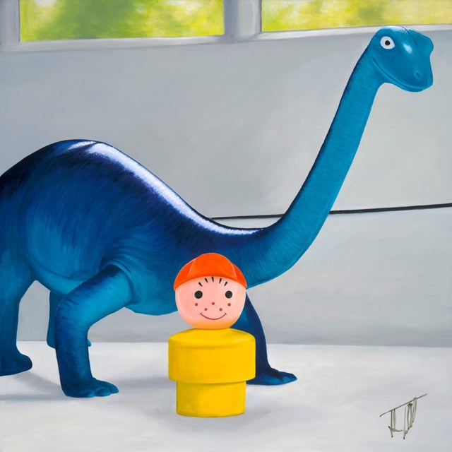 This artwork features a whimsical scene with a vibrant blue dinosaur alongside a cheerful, cartoonish figure wearing a...