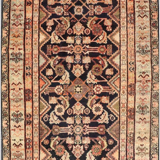 Antique Persian Mahal Rug in Black Background and light Border, 1920's Antique Mahal Rug. Measures: 3'7 x 9'6