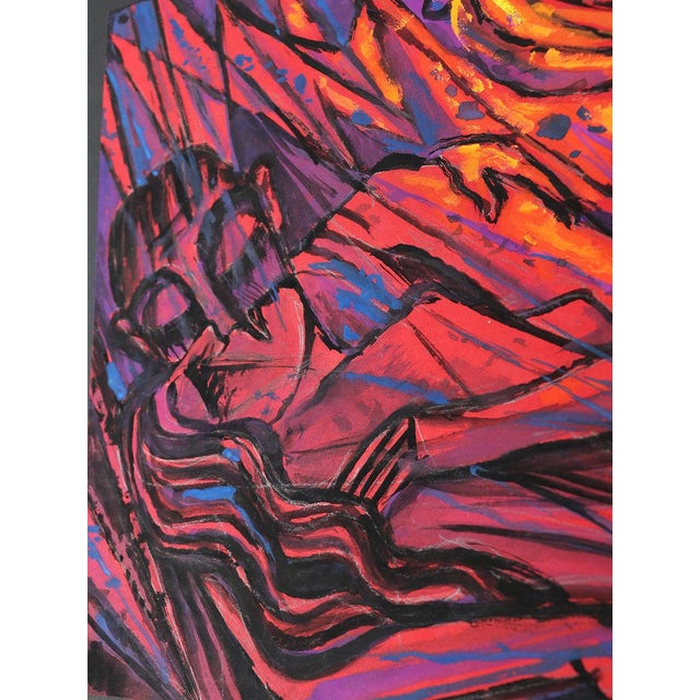 Emil Betzler German expressionist tempera painting on ingrain 'Couple in red, early 1960s Outstanding piece of...